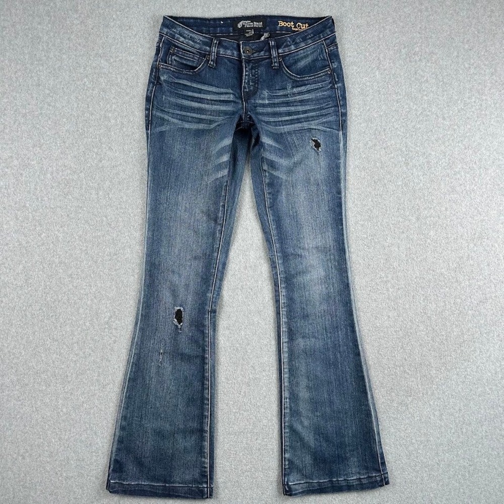 Volcom Boot Cut Jeans Womens 3 Blue Whiskering Distressed Low Rise Rodeo Cowboy‎
